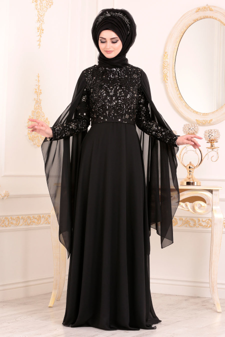 Tesettürlü Abiye Elbise - Payet Detaylı Siyah Tesettür Abiye Elbise 3284S