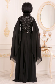 Tesettürlü Abiye Elbise - Payet Detaylı Siyah Tesettür Abiye Elbise 3284S - Thumbnail