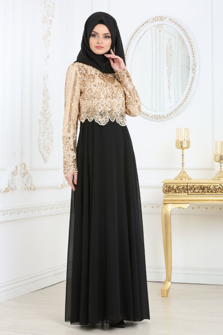 Tesettürlü Abiye Elbise - Payet Detaylı Siyah Tesettür Abiye Elbise 6379S