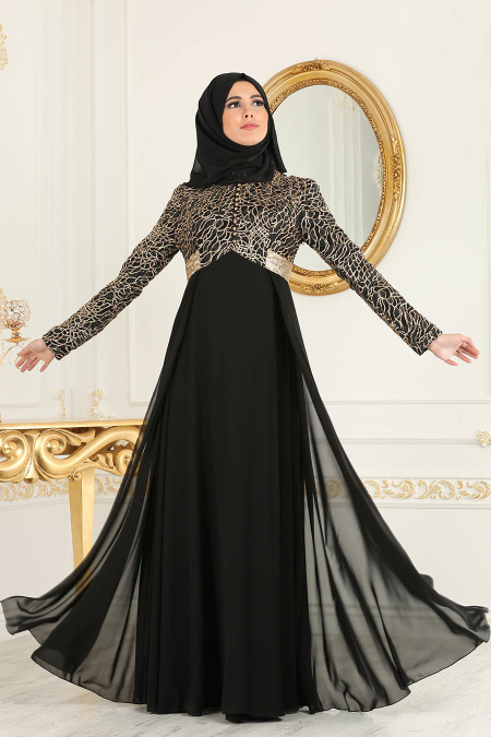 Tesettürlü Abiye Elbise - Payet Detaylı Siyah Tesettür Abiye Elbise 7506S