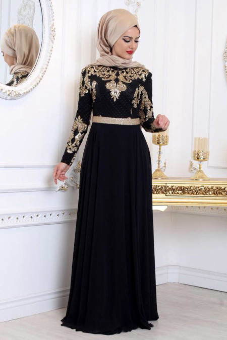 Tesettürlü Abiye Elbise - Payet Detaylı Siyah Tesettür Abiye Elbise 75790S