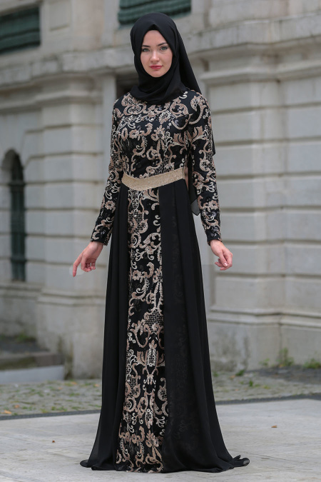 Tesettürlü Abiye Elbise - Payet Detaylı Siyah Tesettür Abiye Elbise 7585S