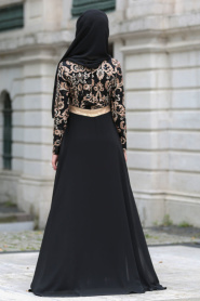 Tesettürlü Abiye Elbise - Payet Detaylı Siyah Tesettür Abiye Elbise 7585S - Thumbnail