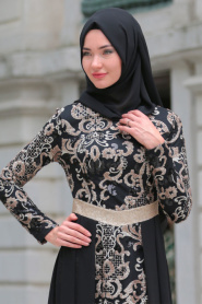 Tesettürlü Abiye Elbise - Payet Detaylı Siyah Tesettür Abiye Elbise 7585S - Thumbnail