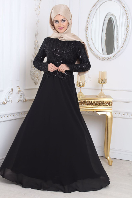 Tesettürlü Abiye Elbise - Payet Detaylı Siyah Tesettür Abiye Elbise 79480S