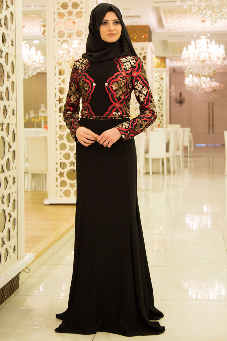 Tesettürlü Abiye Elbise - Payet Detaylı Siyah Tesettür Balık Elbise 3887S
