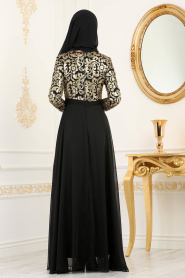 Tesettürlü Abiye Elbise - Payet Detaylı Siyah Tesettürlü Abiye Elbise 81620S - Thumbnail