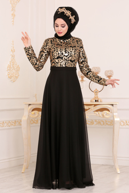 Tesettürlü Abiye Elbise - Payet Detaylı Siyah Tesettürlü Abiye Elbise 81620S