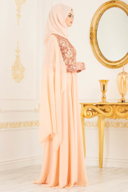 Tesettürlü Abiye Elbise - Payet Detaylı Somon Tesettür Abiye Elbise 3284SMN - Thumbnail