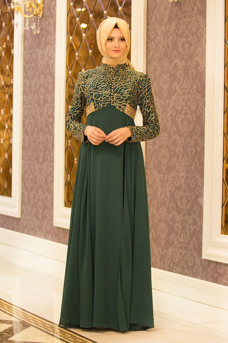 Tesettürlü Abiye Elbise - Payet Detaylı Yeşil Tesettür Abiye Elbise 7506Y