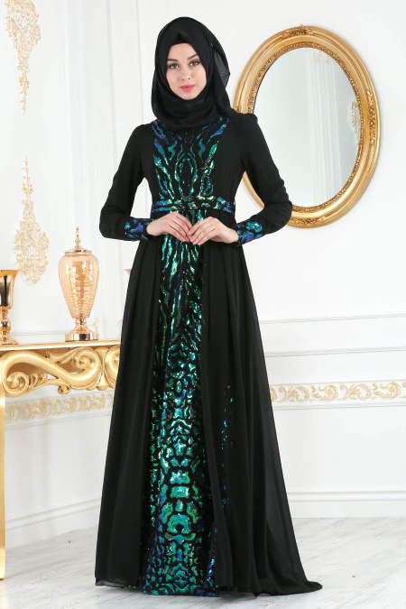 Tesettürlü Abiye Elbise - Payet Detaylı Yeşil Tesettür Abiye Elbise 7564Y