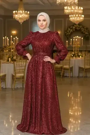Tesettürlü Abiye Elbise - Payetli Bordo Tesettür Abiye Elbise 44961BR - 1