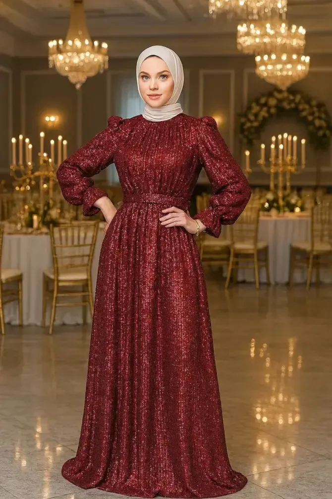 Tesettürlü Abiye Elbise - Payetli Bordo Tesettür Abiye Elbise 44961BR - 1