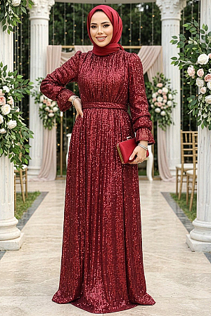 Tesettürlü Abiye Elbise - Payetli Bordo Tesettür Abiye Elbise 44961BR - 1