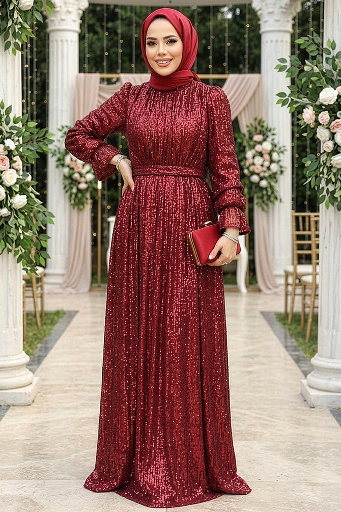 Tesettürlü Abiye Elbise - Payetli Bordo Tesettür Abiye Elbise 44961BR - 1