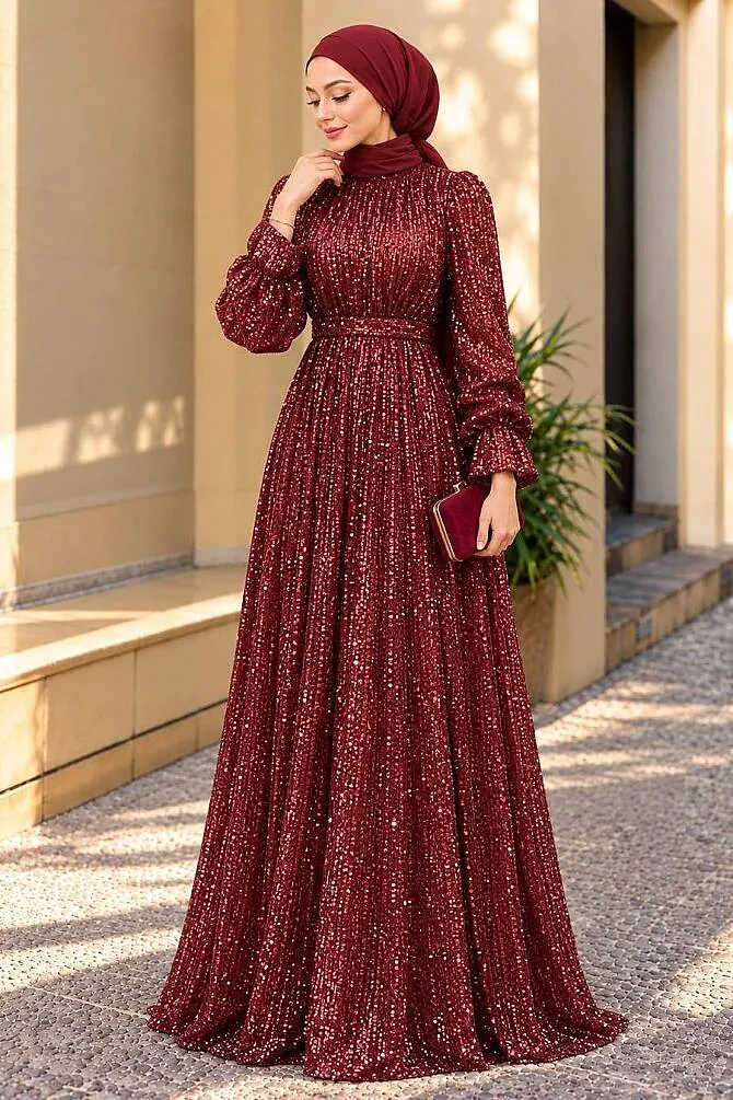 Tesettürlü Abiye Elbise - Payetli Bordo Tesettür Abiye Elbise 44961BR - 1