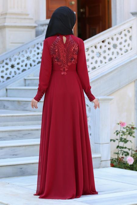 Tesettürlü Abiye Elbise - Payetli Bordo Tesettür Abiye Elbise 7533BR - 2