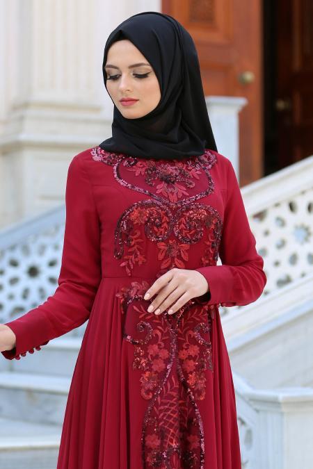Tesettürlü Abiye Elbise - Payetli Bordo Tesettür Abiye Elbise 7533BR - 3