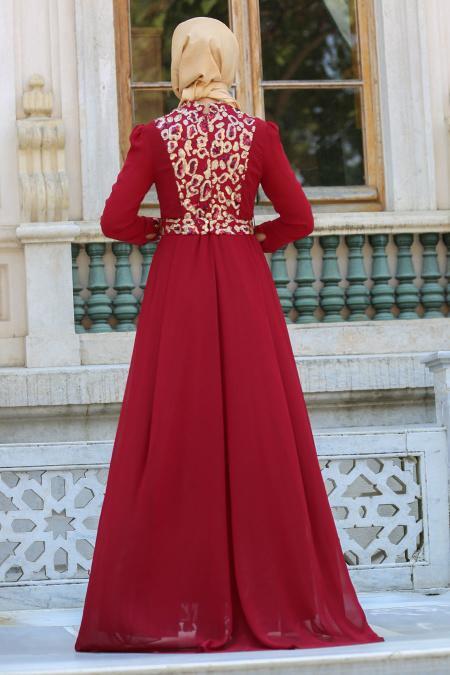 Tesettürlü Abiye Elbise - Payetli Bordo Tesettür Abiye Elbise 7592BR - 2