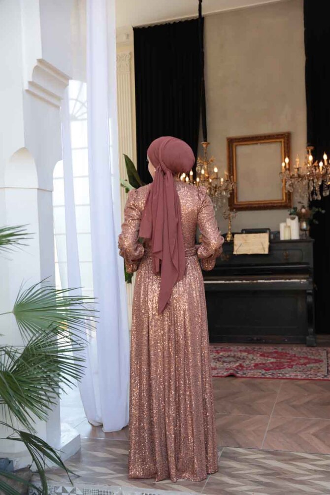 Tesettürlü Abiye Elbise - Payetli Camel Tesettür Abiye Elbise 44961C - 7