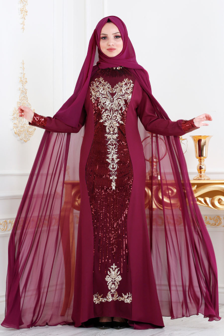 Tesettürlü Abiye Elbise - Payetli Fuşya Tesettürlü Abiye Elbise 18610F