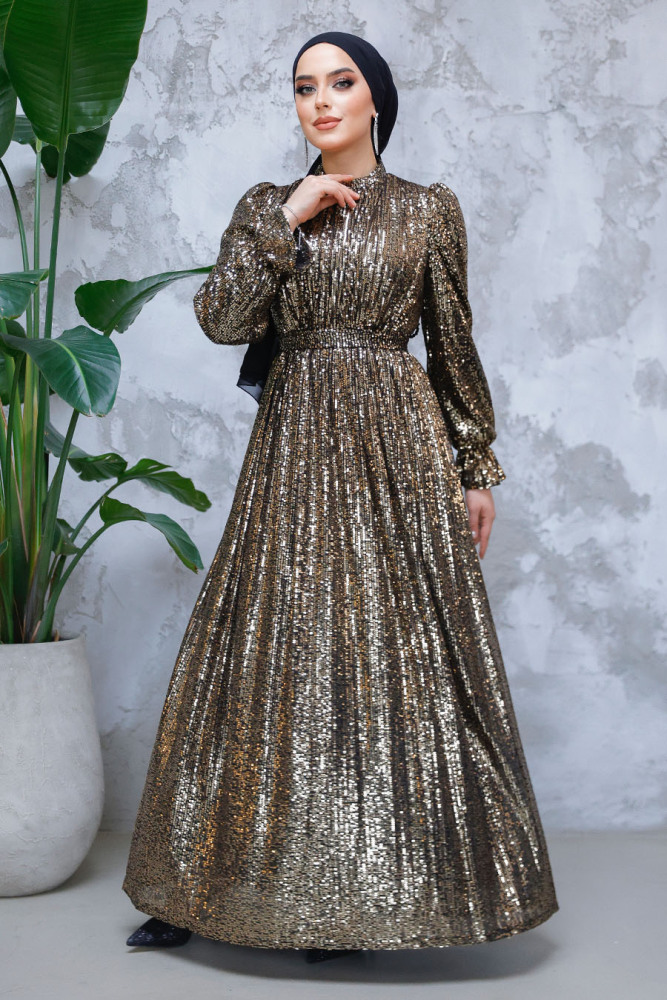 Tesettürlü Abiye Elbise - Payetli Gold Tesettür Abiye Elbise 44961GOLD - 2