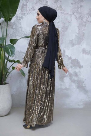 Tesettürlü Abiye Elbise - Payetli Gold Tesettür Abiye Elbise 44961GOLD - 4