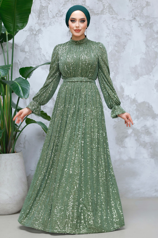 Tesettürlü Abiye Elbise - Payetli Haki Tesettür Abiye Elbise 44961HK - 1