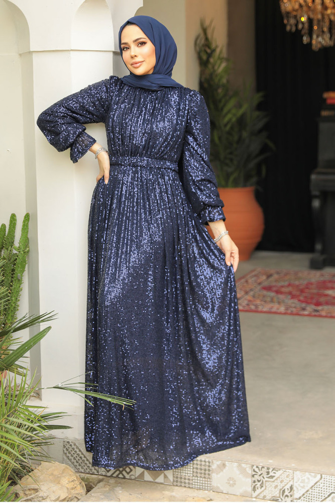 Tesettürlü Abiye Elbise - Payetli Lacivert Tesettür Abiye Elbise 44961L - 2