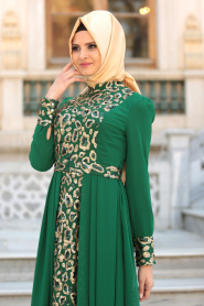 Tesettürlü Abiye Elbise - Payetli Yeşil Tesettür Abiye Elbise 7592Y - Thumbnail
