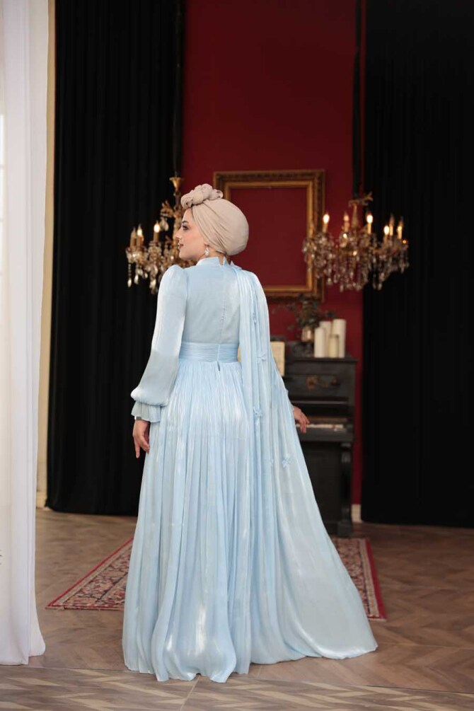 Tesettürlü Abiye Elbise - Pelerin Detaylı Bebek Mavisi Tesettür Abiye Elbise 5394BM - 5