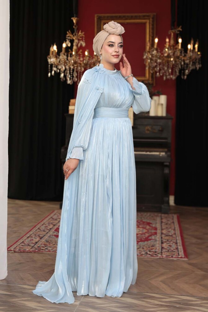 Tesettürlü Abiye Elbise - Pelerin Detaylı Bebek Mavisi Tesettür Abiye Elbise 5394BM - N.S NEVA STYLE