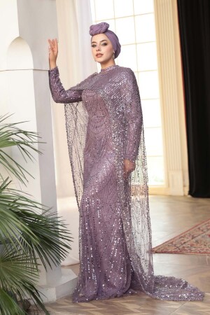 Tesettürlü Abiye Elbise - Pelerin Detaylı Boncuk İşlemeli Lila Tesettür Abiye Elbise 52361LILA - 4