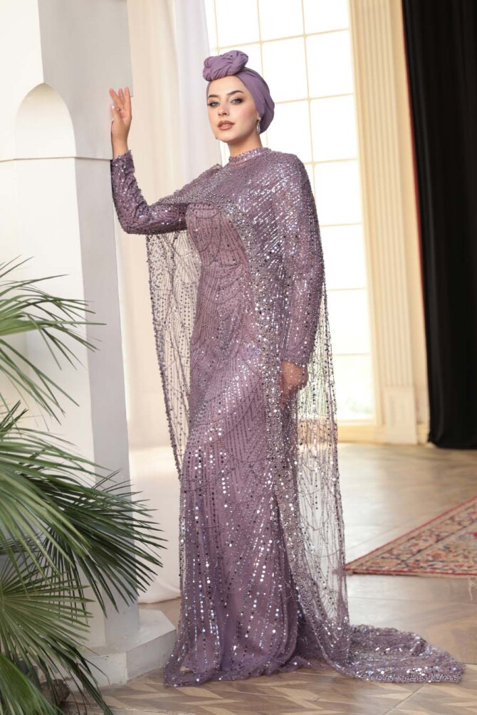 Tesettürlü Abiye Elbise - Pelerin Detaylı Boncuk İşlemeli Lila Tesettür Abiye Elbise 52361LILA - 4