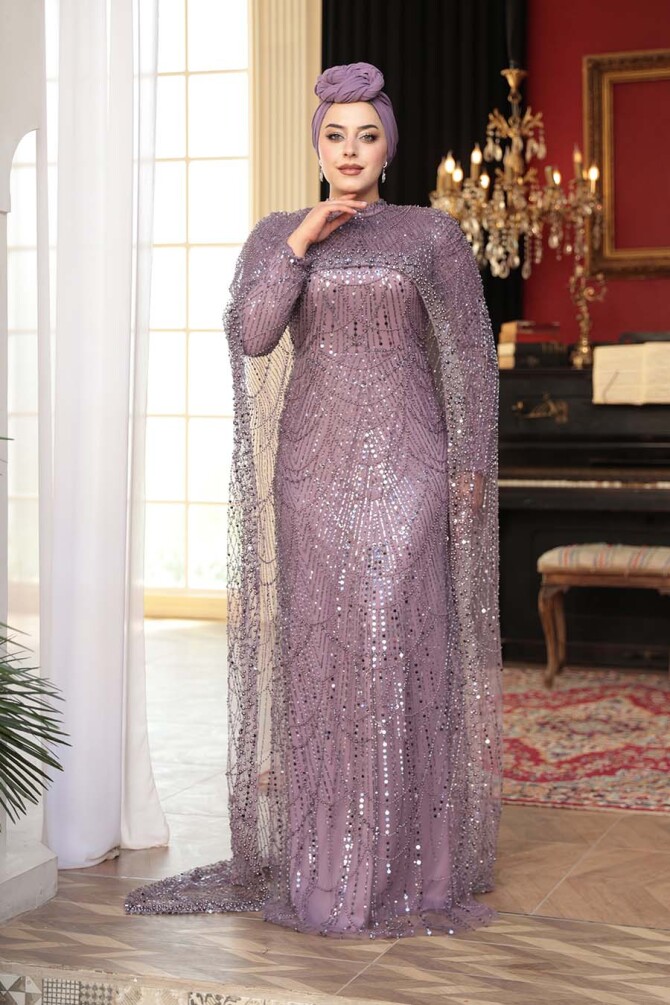 Tesettürlü Abiye Elbise - Pelerin Detaylı Boncuk İşlemeli Lila Tesettür Abiye Elbise 52361LILA - 2