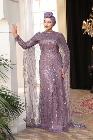 Tesettürlü Abiye Elbise - Pelerin Detaylı Boncuk İşlemeli Lila Tesettür Abiye Elbise 52361LILA - 3