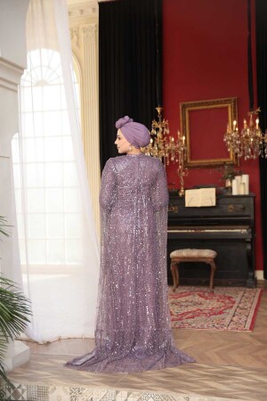 Tesettürlü Abiye Elbise - Pelerin Detaylı Boncuk İşlemeli Lila Tesettür Abiye Elbise 52361LILA - 5