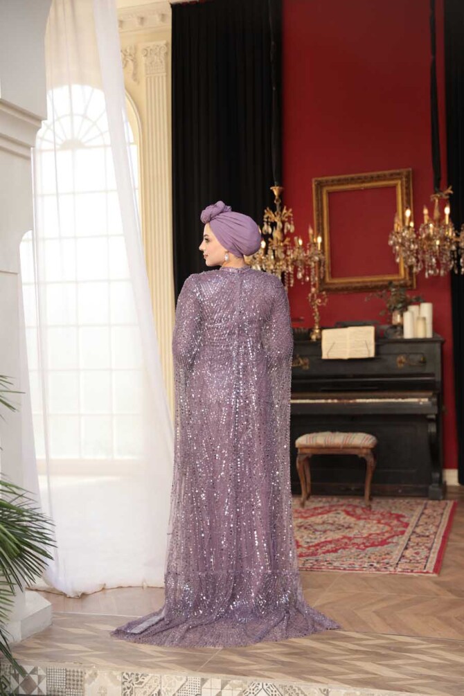 Tesettürlü Abiye Elbise - Pelerin Detaylı Boncuk İşlemeli Lila Tesettür Abiye Elbise 52361LILA - 5