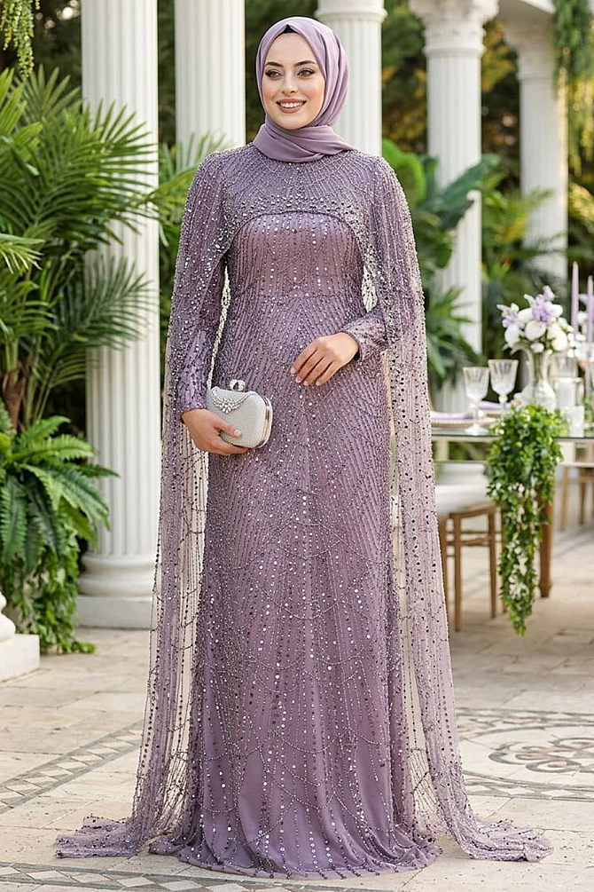 Tesettürlü Abiye Elbise - Pelerin Detaylı Boncuk İşlemeli Lila Tesettür Abiye Elbise 52361LILA - 1
