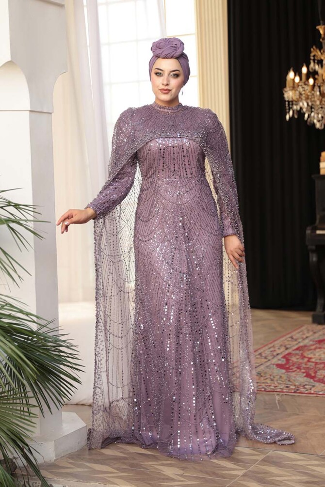 Tesettürlü Abiye Elbise - Pelerin Detaylı Boncuk İşlemeli Lila Tesettür Abiye Elbise 52361LILA - N.S NEVA STYLE