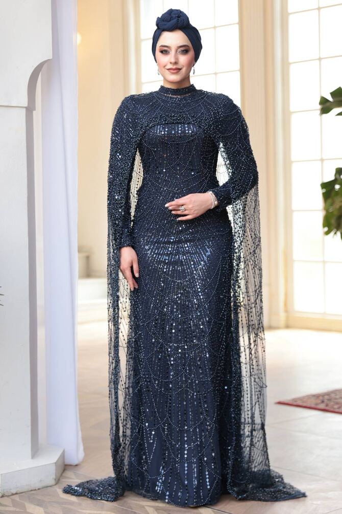 Tesettürlü Abiye Elbise - Pelerin Detaylı Boncuk İşlemeli Lacivert Tesettür Abiye Elbise 51841L - N.S NEVA STYLE