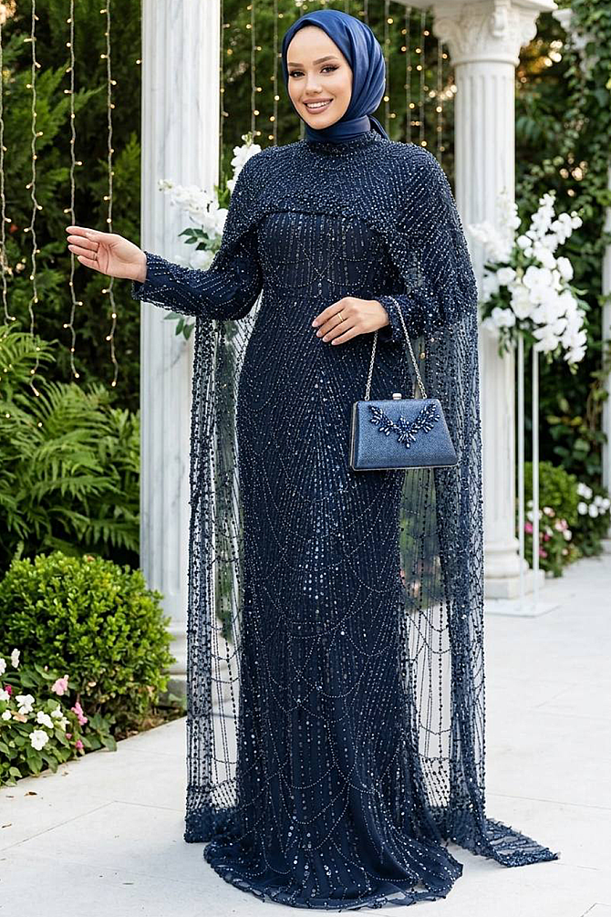 Tesettürlü Abiye Elbise - Pelerin Detaylı Boncuk İşlemeli Lacivert Tesettür Abiye Elbise 52361L - 1