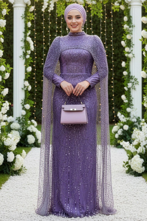 Tesettürlü Abiye Elbise - Pelerin Detaylı Boncuk İşlemeli Lila Tesettür Abiye Elbise 51841LILA 