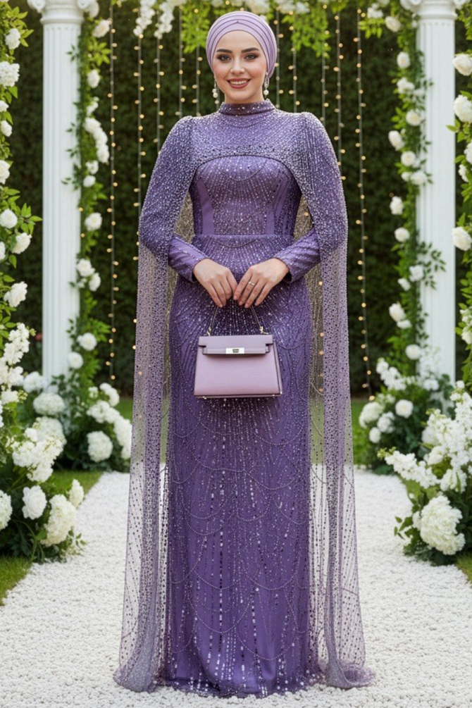 Tesettürlü Abiye Elbise - Pelerin Detaylı Boncuk İşlemeli Lila Tesettür Abiye Elbise 51841LILA - 1