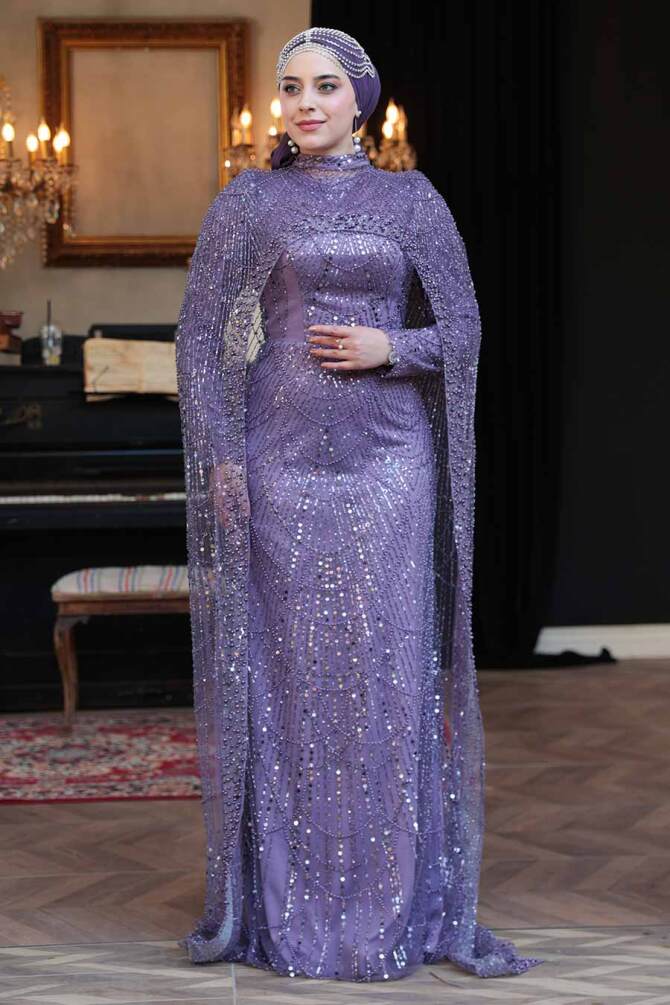 Tesettürlü Abiye Elbise - Pelerin Detaylı Boncuk İşlemeli Lila Tesettür Abiye Elbise 51841LILA - 2