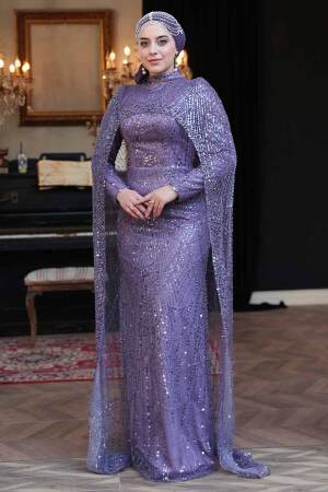 Tesettürlü Abiye Elbise - Pelerin Detaylı Boncuk İşlemeli Lila Tesettür Abiye Elbise 51841LILA - 1
