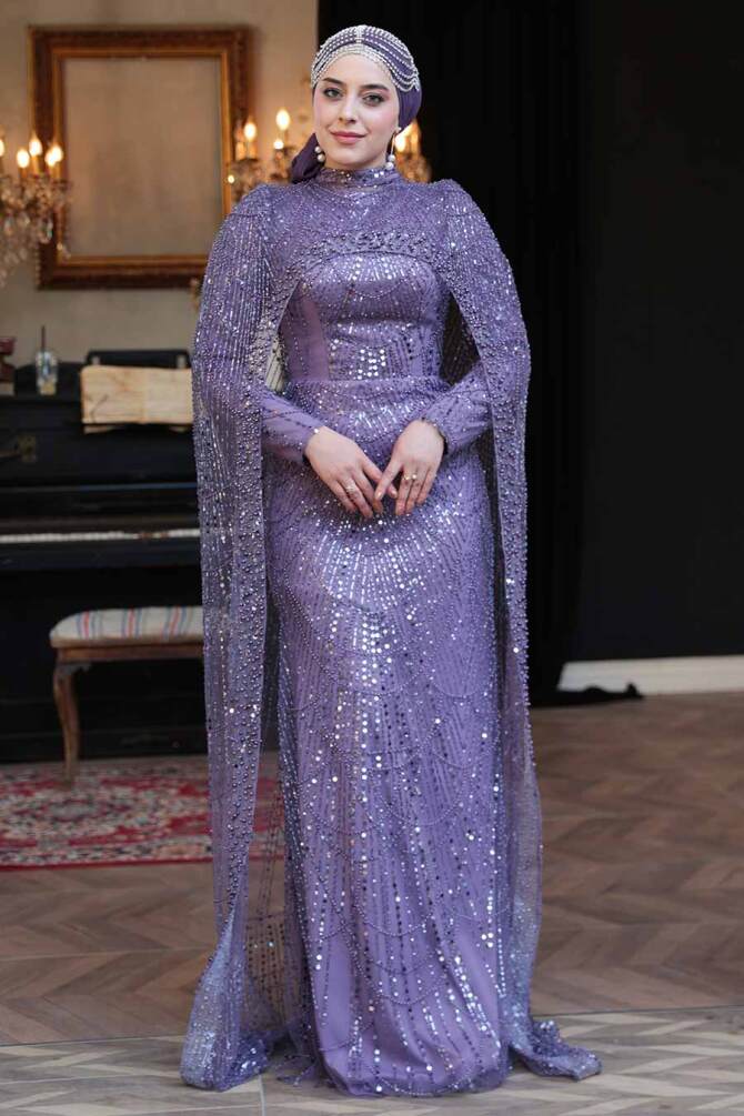 Tesettürlü Abiye Elbise - Pelerin Detaylı Boncuk İşlemeli Lila Tesettür Abiye Elbise 51841LILA - 3