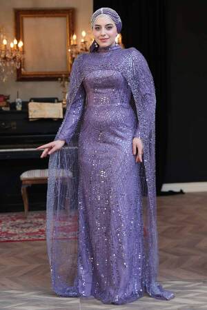 Tesettürlü Abiye Elbise - Pelerin Detaylı Boncuk İşlemeli Lila Tesettür Abiye Elbise 51841LILA - 4