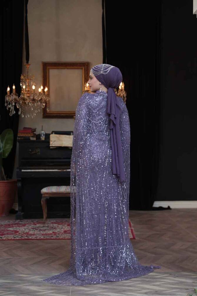 Tesettürlü Abiye Elbise - Pelerin Detaylı Boncuk İşlemeli Lila Tesettür Abiye Elbise 51841LILA - 5