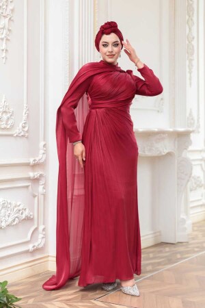 Tesettürlü Abiye Elbise - Pelerin Detaylı Bordo Tesettür Abiye Elbise 52142BR - 2